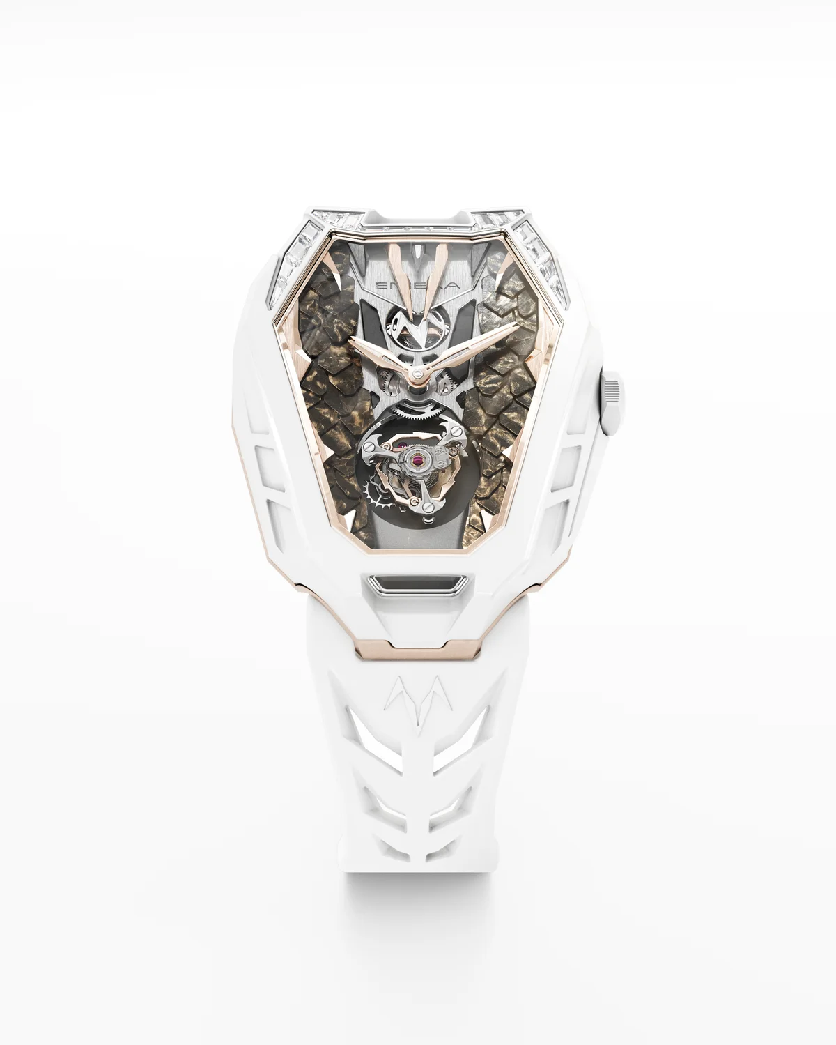 Montre suisse Emera Cyborg en céramique blanche sertie de diamants — haute horlogerie, partenaire officiel AC Private